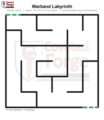 Warband Labyrinth sample layout, a 2 foot 3D printed modular sci-fi terrain maze build guide showing walls, doorways and color coded column connectors by role.