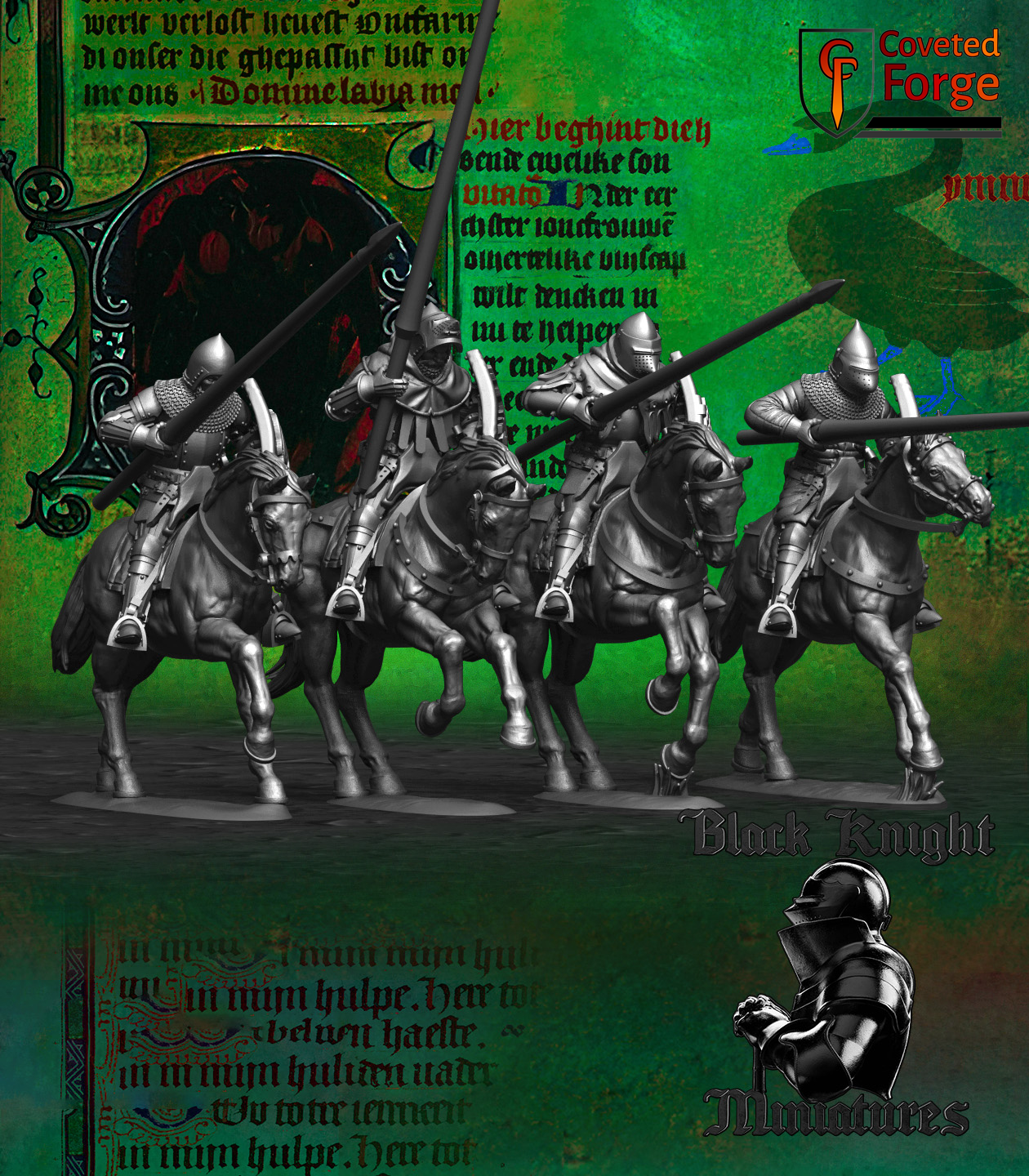 Four Hussite mounted lancers with couched lances, 3D printed resin miniatures