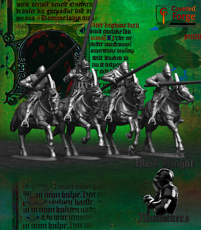 Four Hussite mounted lancers with couched lances, 3D printed resin miniatures