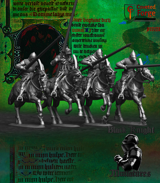 Four Hussite mounted lancers with couched lances, 3D printed resin miniatures