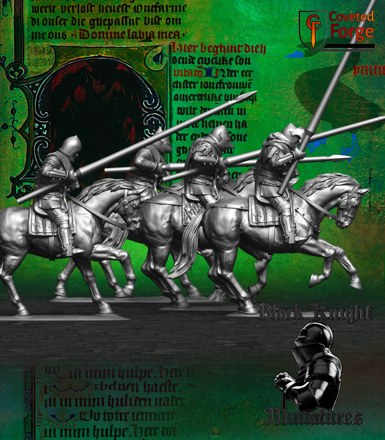 Hussite mounted lancers charging, side view