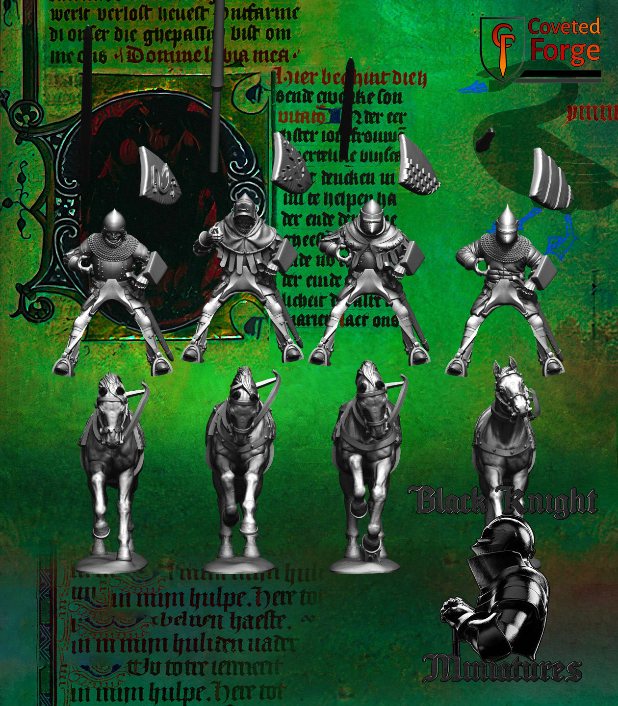 Hussite lancers components: four riders, four horses, and heraldic shields