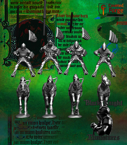 Hussite lancers components: four riders, four horses, and heraldic shields