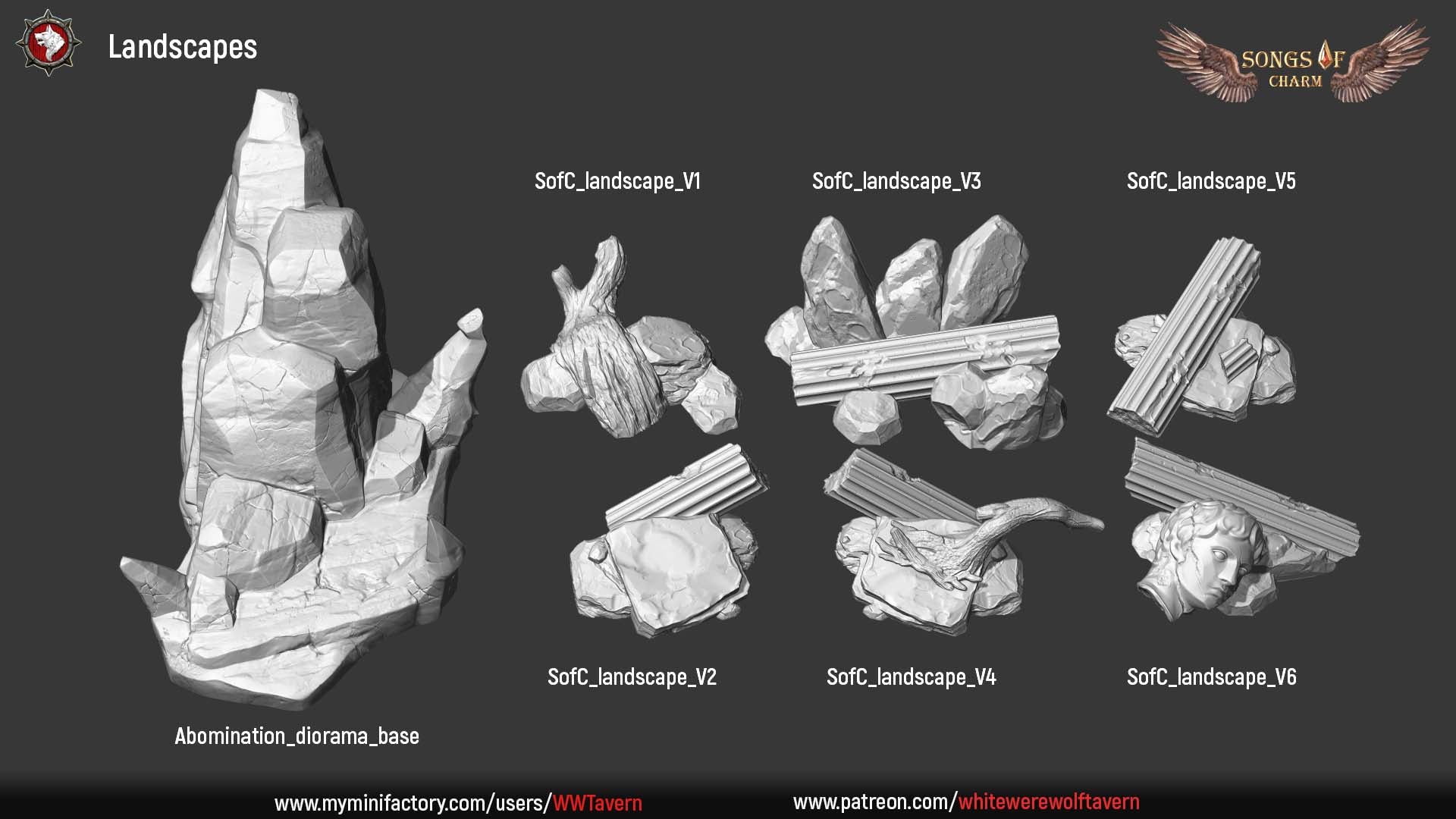 Labeled layout of the seven Songs of Charm landscape scenery pieces including the diorama crag