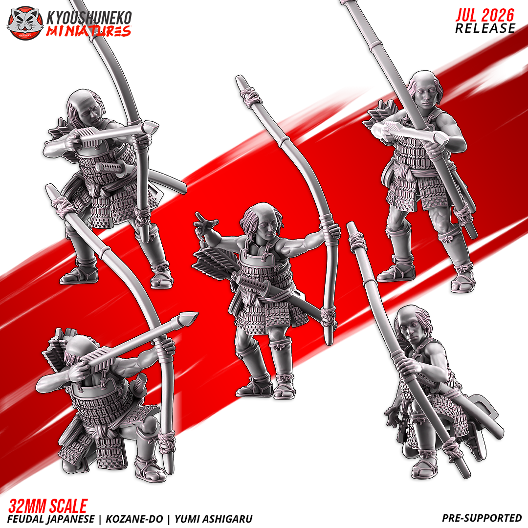 Single Late Sengoku ashigaru archer drawing a yumi longbow, resin miniature