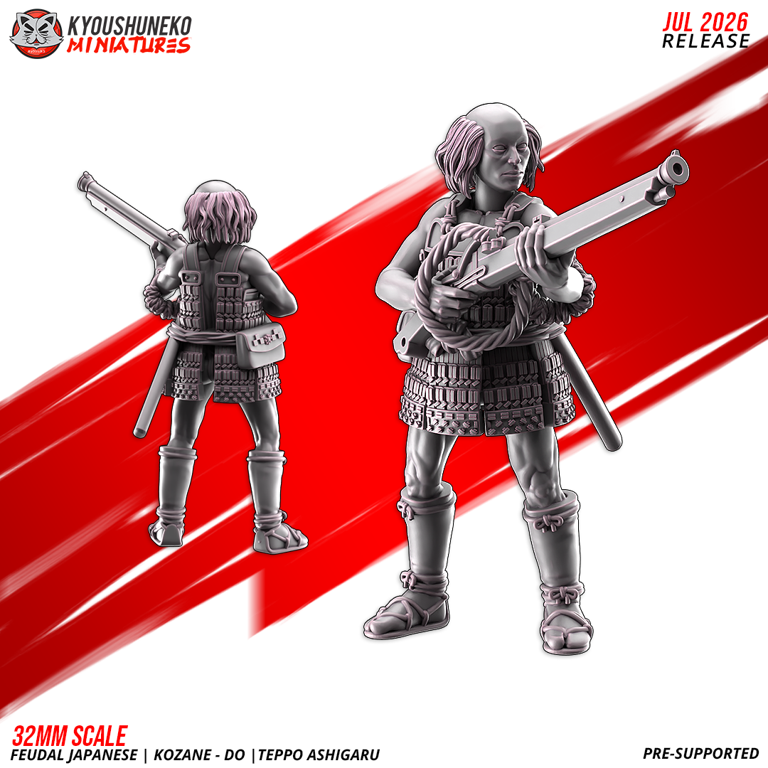 Single Late Sengoku ashigaru musketman leveling a teppo matchlock, resin miniature