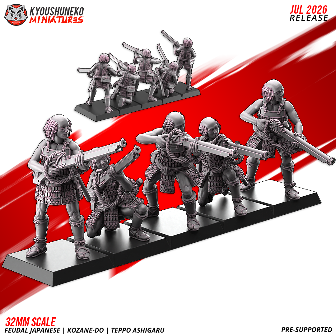 Late Sengoku kozane-do ashigaru musketmen with teppo matchlocks, five ranked figures by Kyoushuneko