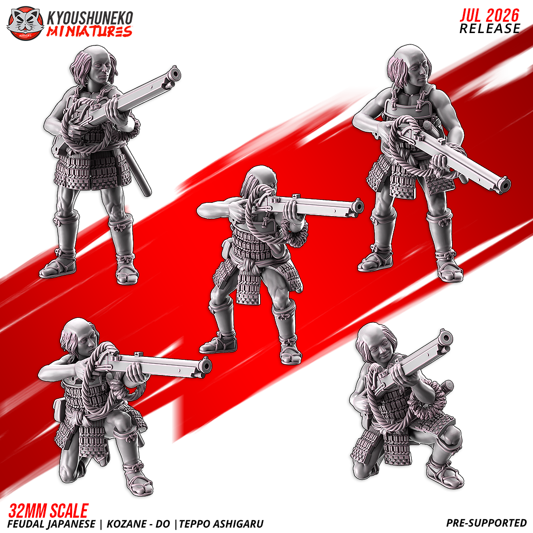 Kozane-do ashigaru teppo musketmen, five body variations aiming and loading matchlocks
