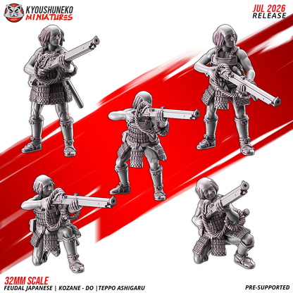 Kozane-do ashigaru teppo musketmen, five body variations aiming and loading matchlocks