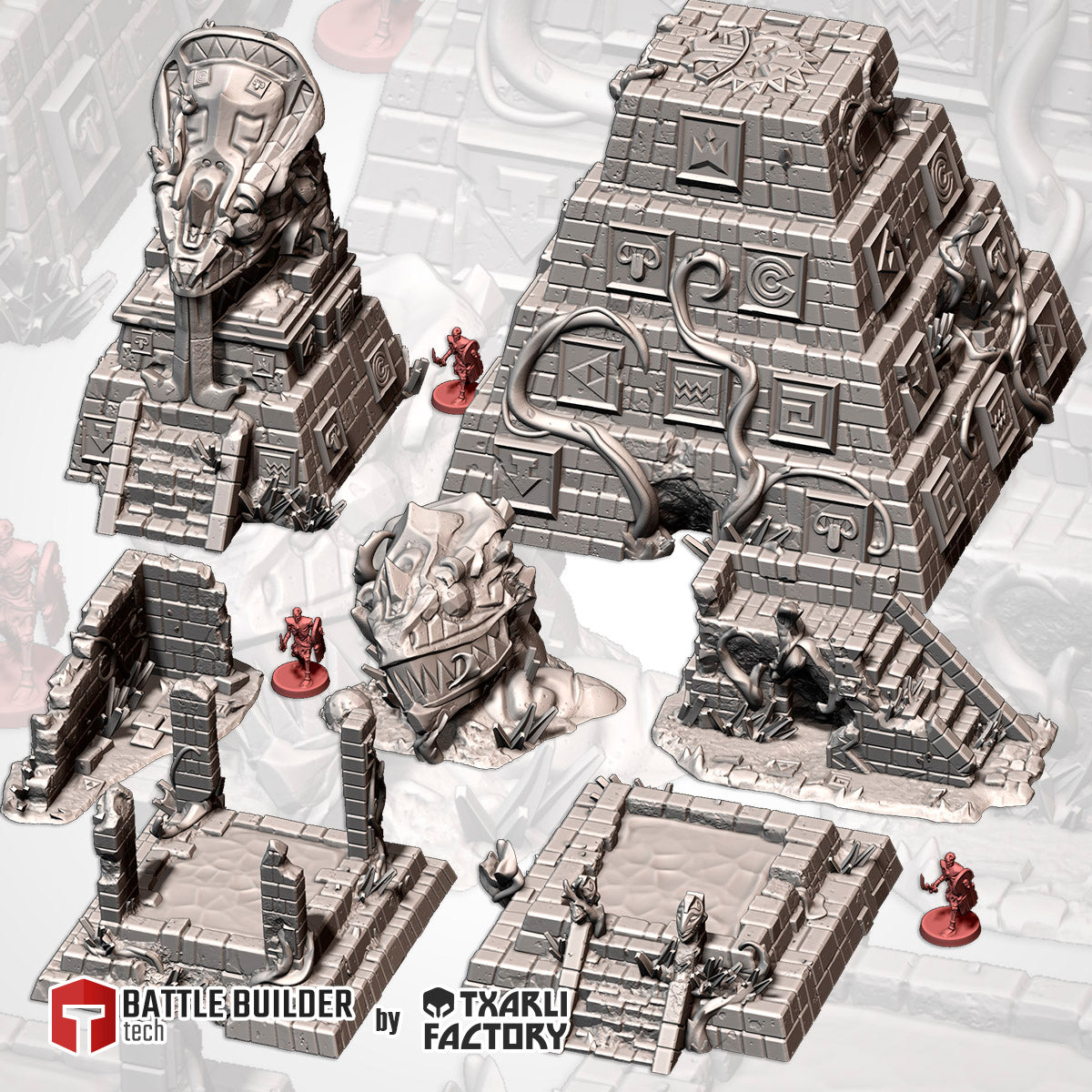 The Lost City full set of seven jungle temple ruins: pyramid, temple, statue head, two sacred fountains and two ruins (Txarli Factory render)