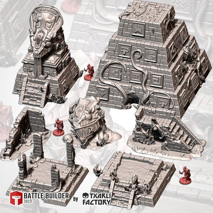 The Lost City full set of seven jungle temple ruins: pyramid, temple, statue head, two sacred fountains and two ruins (Txarli Factory render)