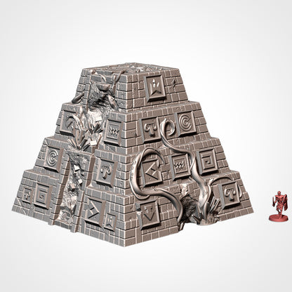 Pyramid: stepped glyph-carved pyramid beside a 32mm figure (Txarli Factory render)