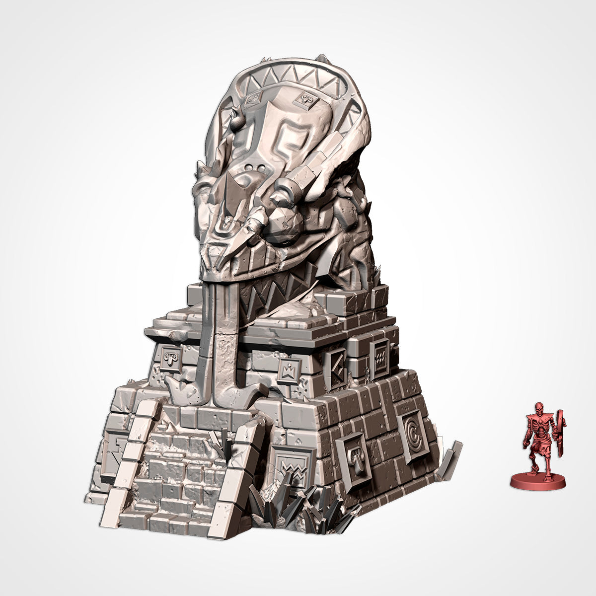 Temple: stepped temple crowned by a giant carved head, beside a 32mm figure (Txarli Factory render)