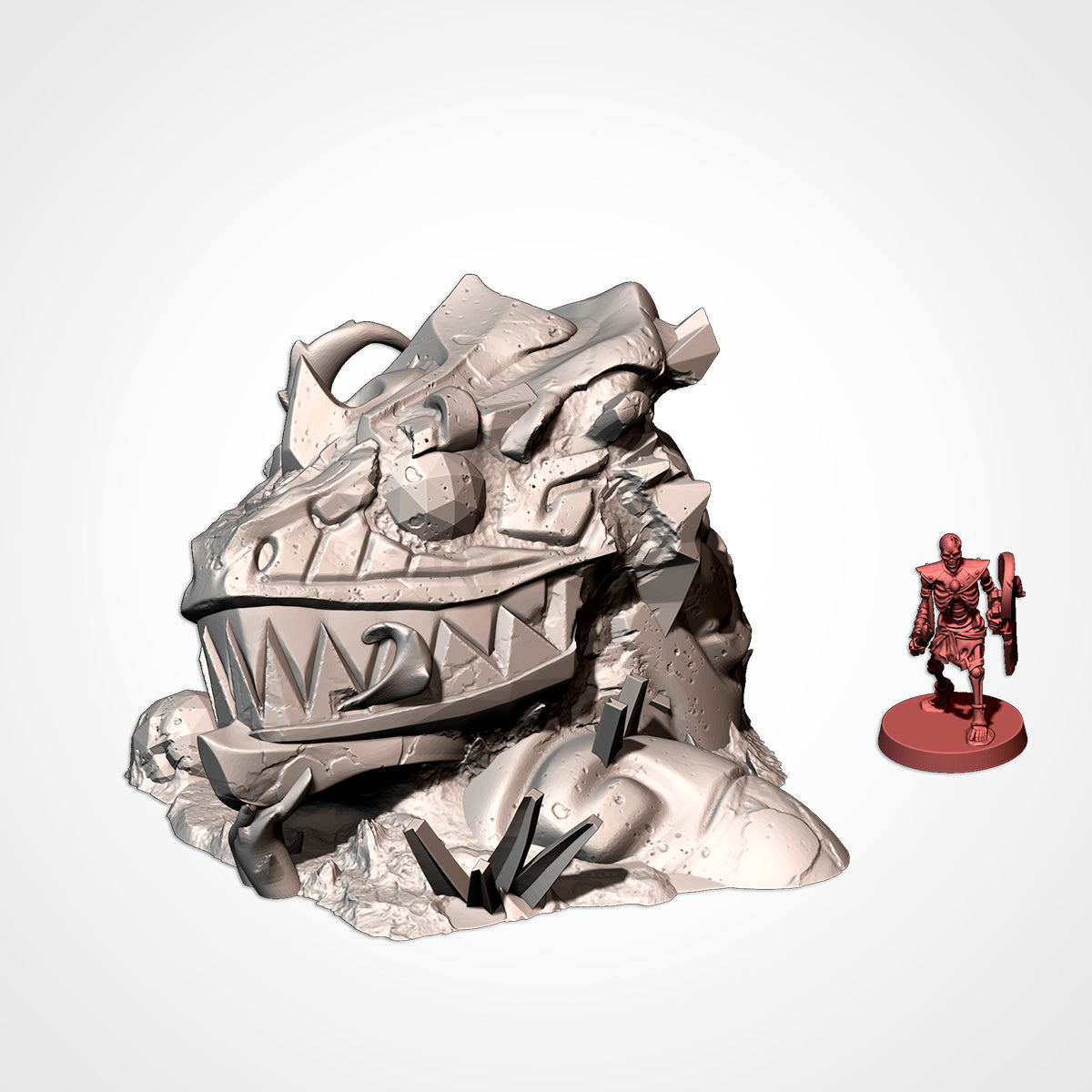 Statue Head: fallen carved head beside a 32mm figure (Txarli Factory render)