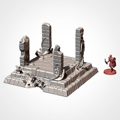 Sacred Fountain 1: pool with standing pillars, beside a 32mm figure (Txarli Factory render)