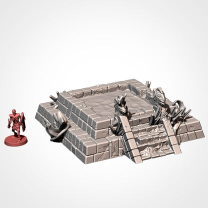 Sacred Fountain 2: stepped pool with stairs and statues, beside a 32mm figure (Txarli Factory render)