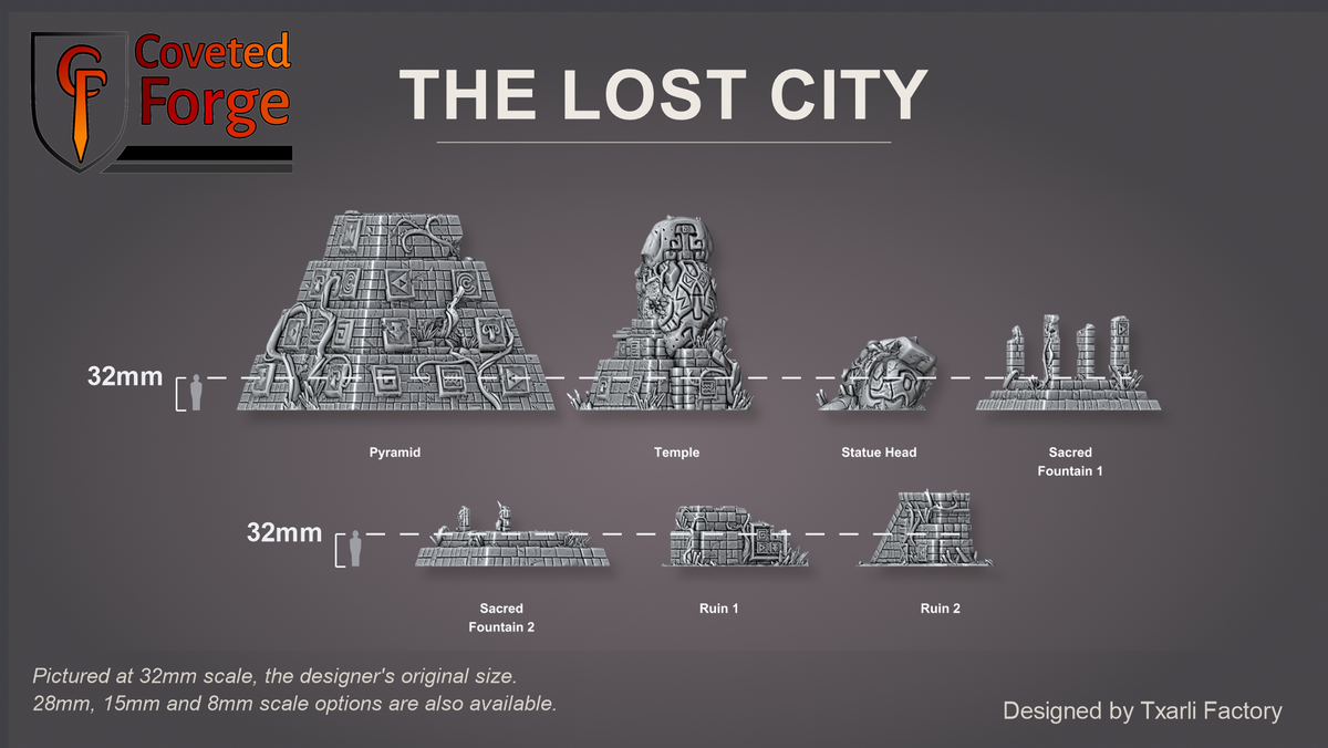 The Lost City scale lineup at 32mm, the original scale; 28mm, 15mm and 8mm scale options are also available: every piece labelled beside a 32mm figure silhouette; Pyramid 238 x 240 mm, 197 mm tall (Coveted Forge scale render)