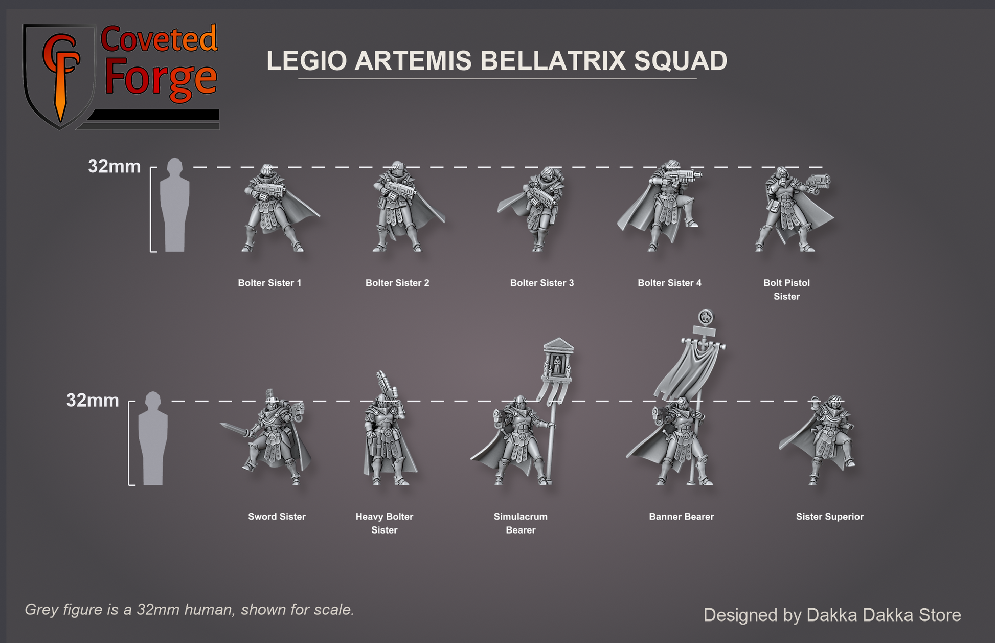 All ten Bellatrix sisters shown at 32mm scale beside a 32mm human reference figure, labelled and ordered to match the model dropdown
