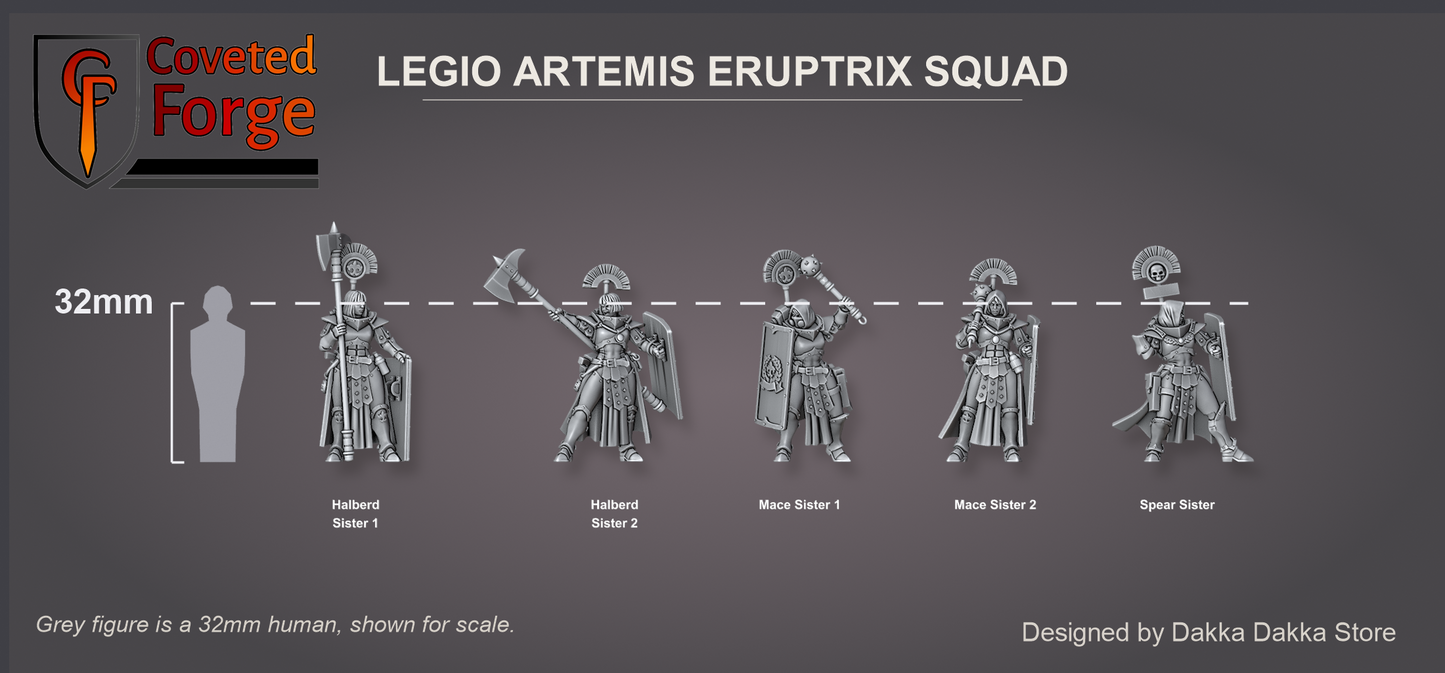 All five Eruptrix sisters shown at 32mm scale beside a 32mm human reference figure, labelled and ordered to match the model dropdown