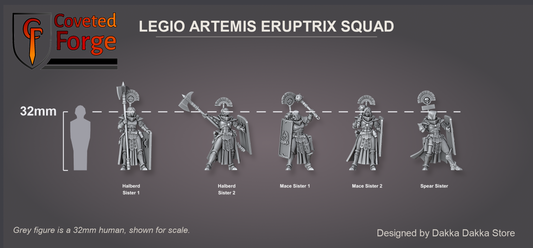 All five Eruptrix sisters shown at 32mm scale beside a 32mm human reference figure, labelled and ordered to match the model dropdown