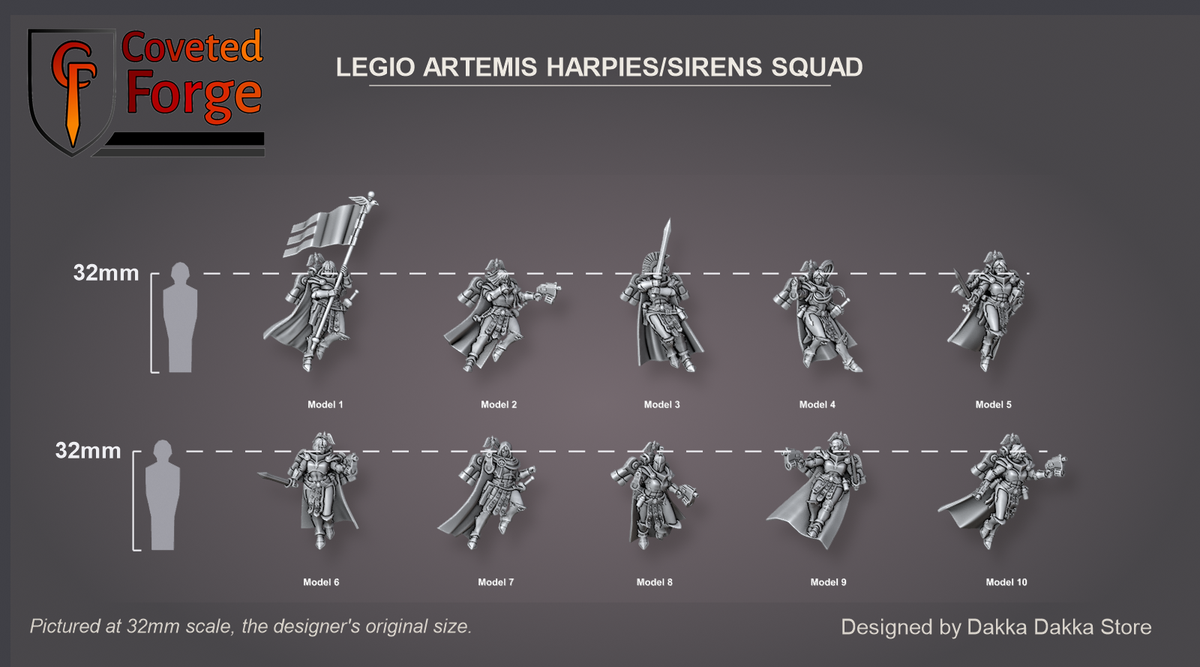 Coveted Forge scale reference: the ten Harpies/Sirens sisters, Model 1 to 10 in dropdown order, beside a 32mm human silhouette