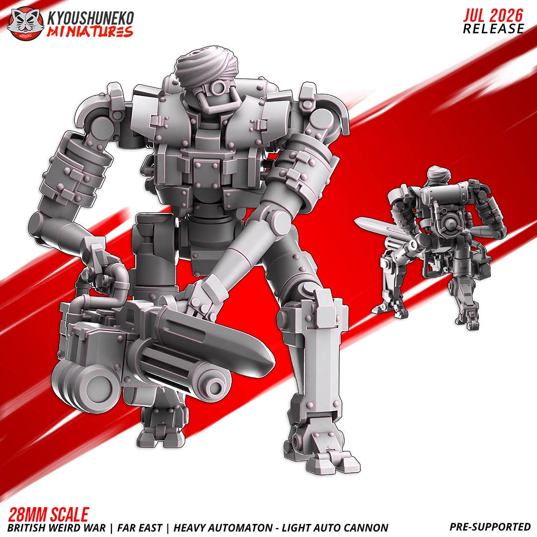 Dieselpunk British automaton robot with a light auto cannon, angled view