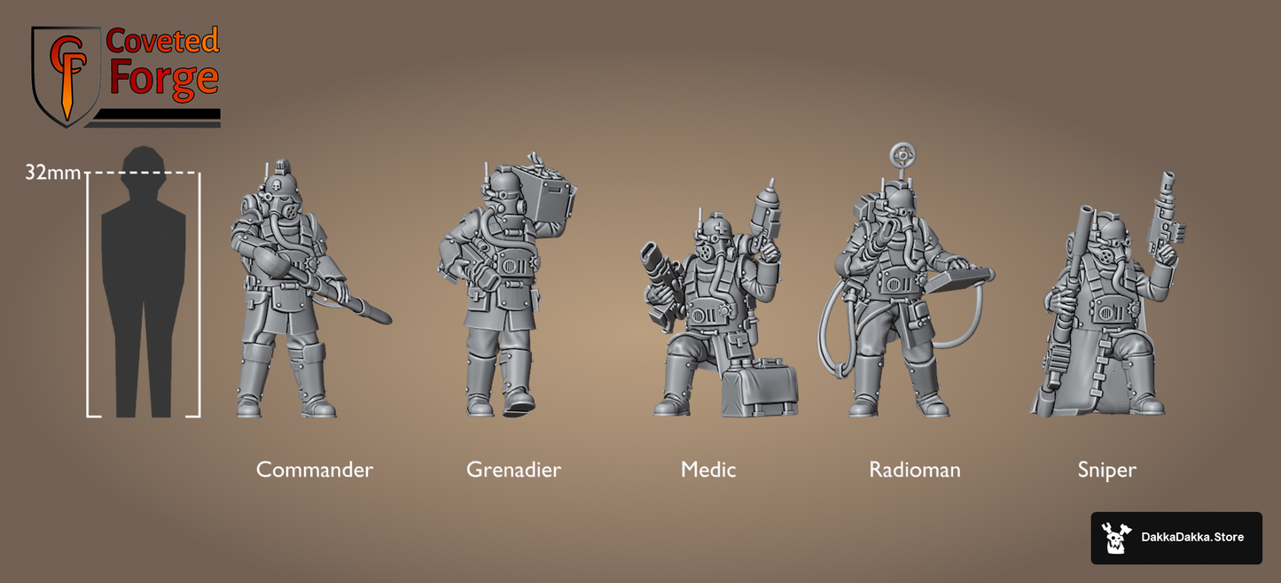 Death Corps Specops Squad shown to scale beside a 32mm human: Commander, Grenadier, Medic, Radioman and Sniper