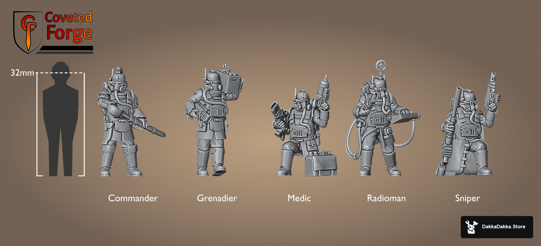Death Corps Specops Squad shown to scale beside a 32mm human: Commander, Grenadier, Medic, Radioman and Sniper