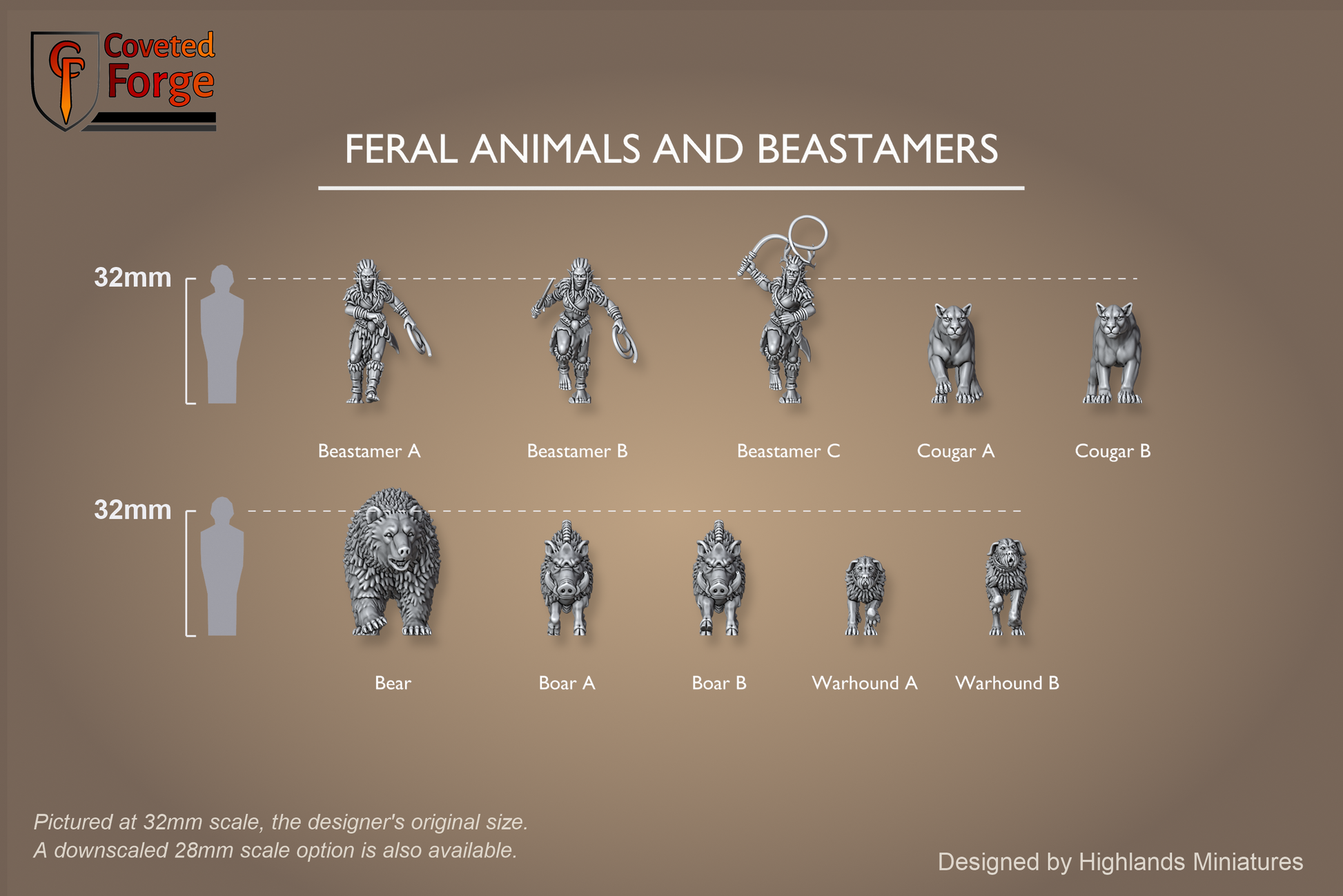 Feral Animals and Beastamers full pack of 10 sculpts shown at 32mm scale beside a 32mm human reference on each row