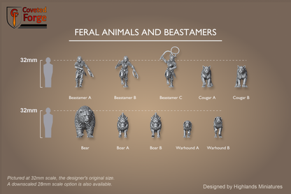 Feral Animals and Beastamers full pack of 10 sculpts shown at 32mm scale beside a 32mm human reference on each row