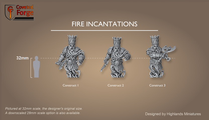Marduk Fire Incantations, three flame elemental constructs shown at 32mm scale beside a 32mm human reference, resin monstrous infantry by Highlands Miniatures