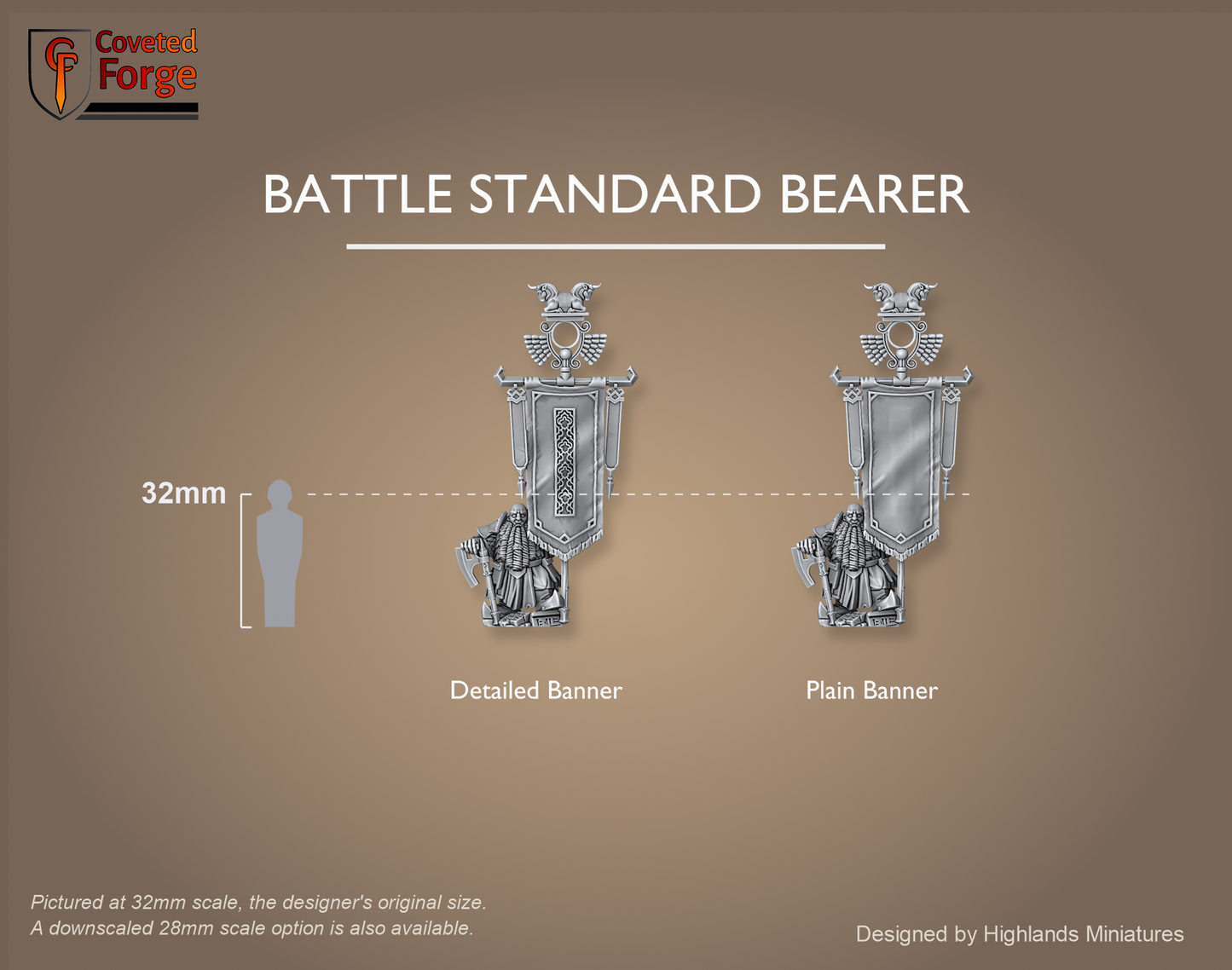 Son of Marduk Battle Standard Bearer, detailed banner and plain banner options labeled, shown at 32mm scale beside a 32mm human reference, Chaos Dwarf resin by Highlands Miniatures