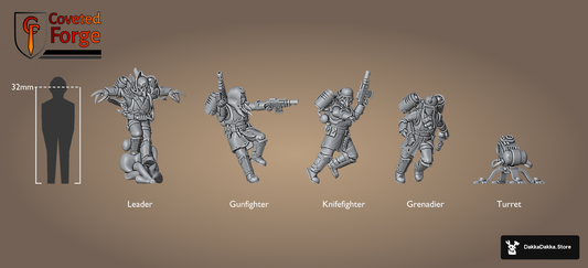 Ravenswatch Cultists Squad shown to scale beside a 32mm human: Leader, Gunfighter, Knifefighter, Grenadier and Turret