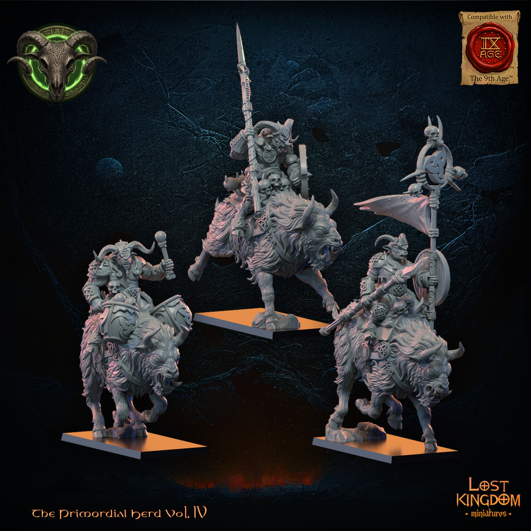 Wildhorn Riders command group by Lost Kingdom Miniatures, the Captain, Standard Bearer and Musician on shaggy horned mounts, right three-quarter view, Lost Kingdom Miniatures designer render
