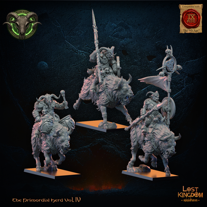 Wildhorn Riders command group by Lost Kingdom Miniatures, the Captain, Standard Bearer and Musician on shaggy horned mounts, right three-quarter view, Lost Kingdom Miniatures designer render