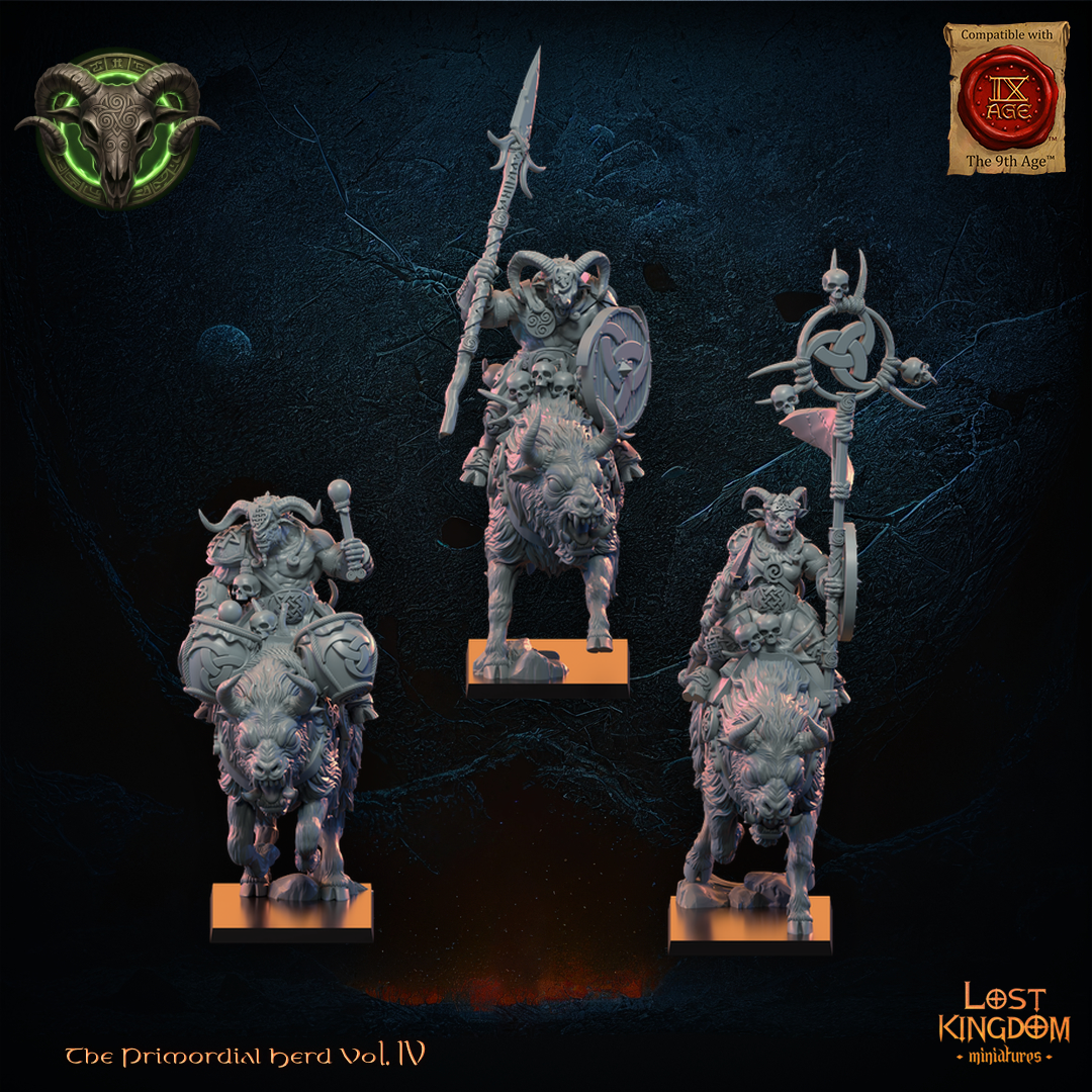 Wildhorn Riders command group by Lost Kingdom Miniatures, the Captain, Standard Bearer and Musician on shaggy horned mounts, front view, Lost Kingdom Miniatures designer render