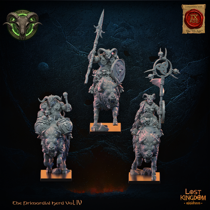 Wildhorn Riders command group by Lost Kingdom Miniatures, the Captain, Standard Bearer and Musician on shaggy horned mounts, front view, Lost Kingdom Miniatures designer render