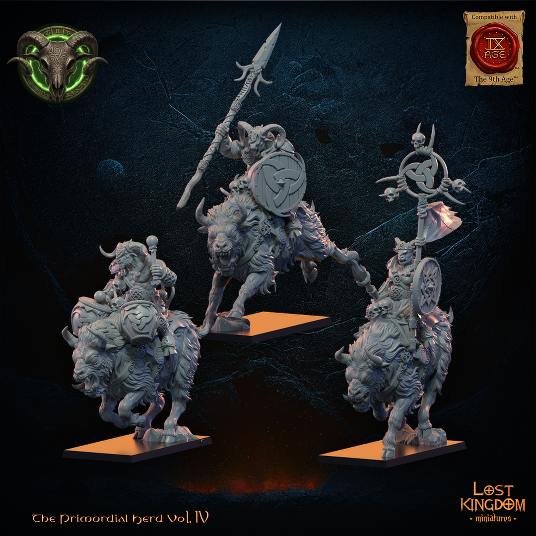 Wildhorn Riders command group by Lost Kingdom Miniatures, the Captain, Standard Bearer and Musician on shaggy horned mounts, left three-quarter view, Lost Kingdom Miniatures designer render