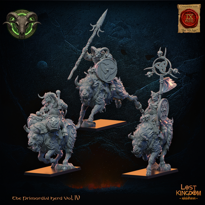 Wildhorn Riders command group by Lost Kingdom Miniatures, the Captain, Standard Bearer and Musician on shaggy horned mounts, left three-quarter view, Lost Kingdom Miniatures designer render