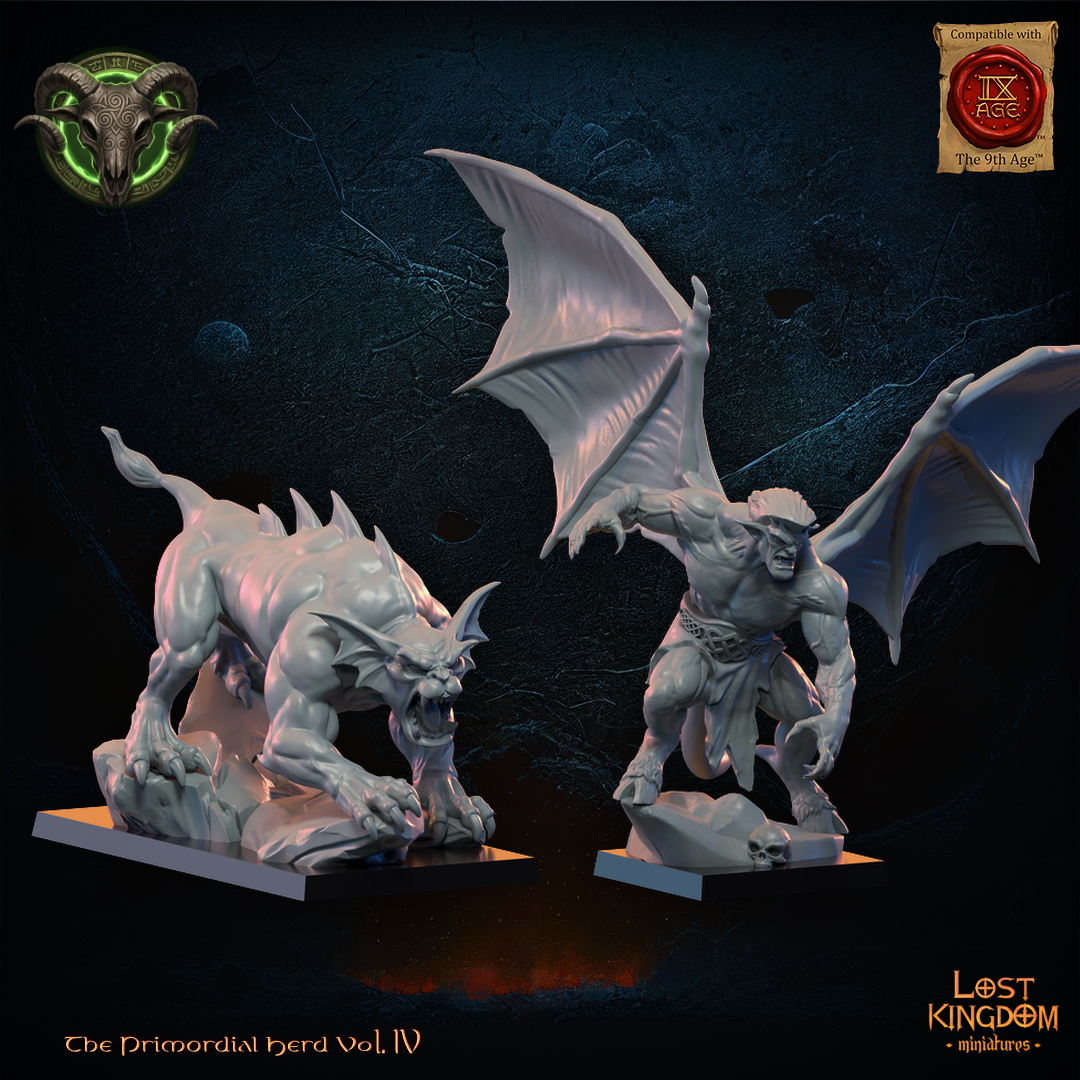 Herd Gargoyle Hero and Pet by Lost Kingdom Miniatures, the bat-winged gargoyle hero beside his crouching wingless gargoyle pet, right three-quarter view, Lost Kingdom Miniatures designer render