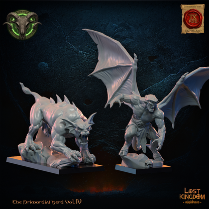 Herd Gargoyle Hero and Pet by Lost Kingdom Miniatures, the bat-winged gargoyle hero beside his crouching wingless gargoyle pet, right three-quarter view, Lost Kingdom Miniatures designer render