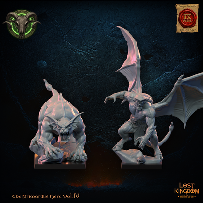 Herd Gargoyle Hero and Pet by Lost Kingdom Miniatures, the bat-winged gargoyle hero beside his crouching wingless gargoyle pet, front view, Lost Kingdom Miniatures designer render