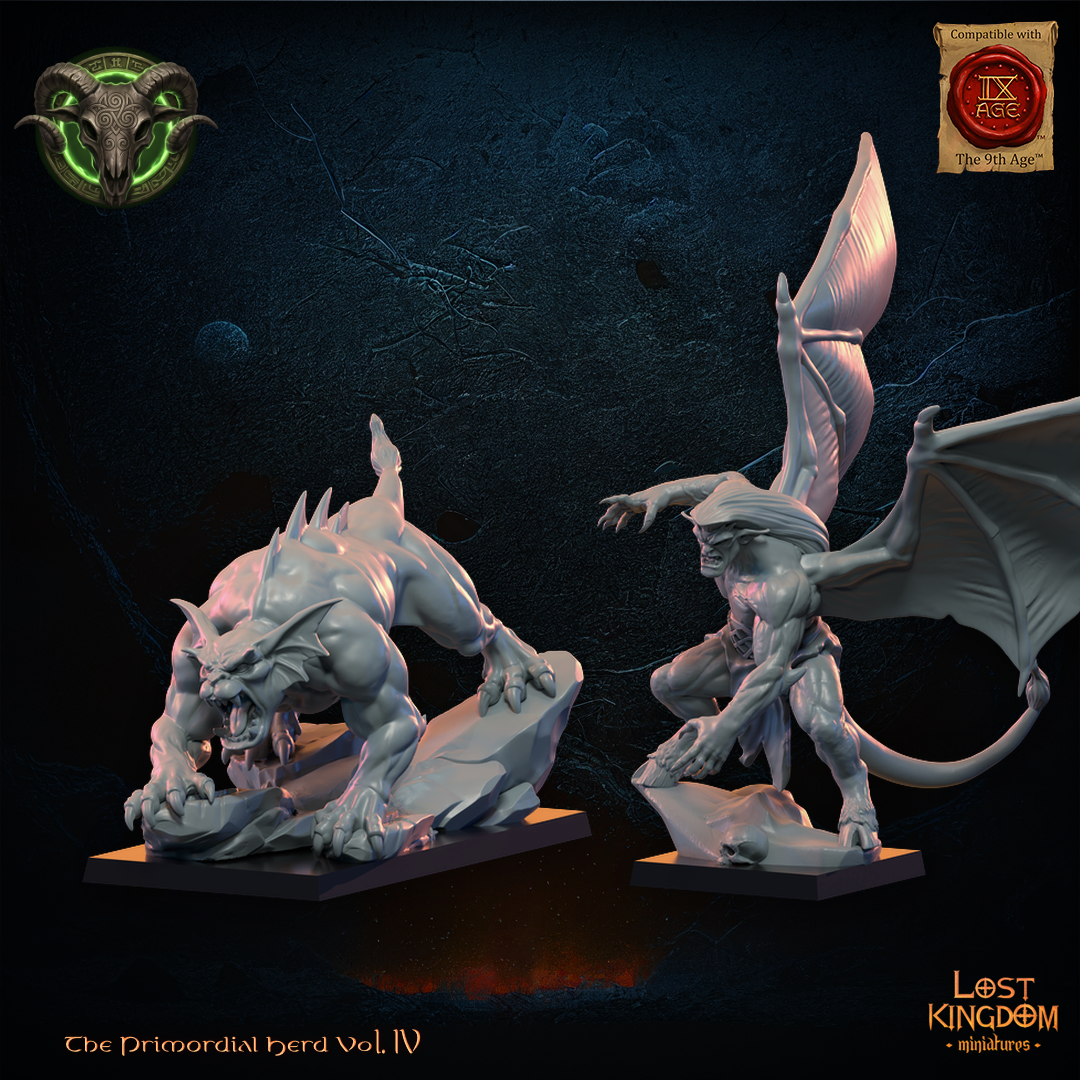 Herd Gargoyle Hero and Pet by Lost Kingdom Miniatures, the bat-winged gargoyle hero beside his crouching wingless gargoyle pet, left three-quarter view, Lost Kingdom Miniatures designer render