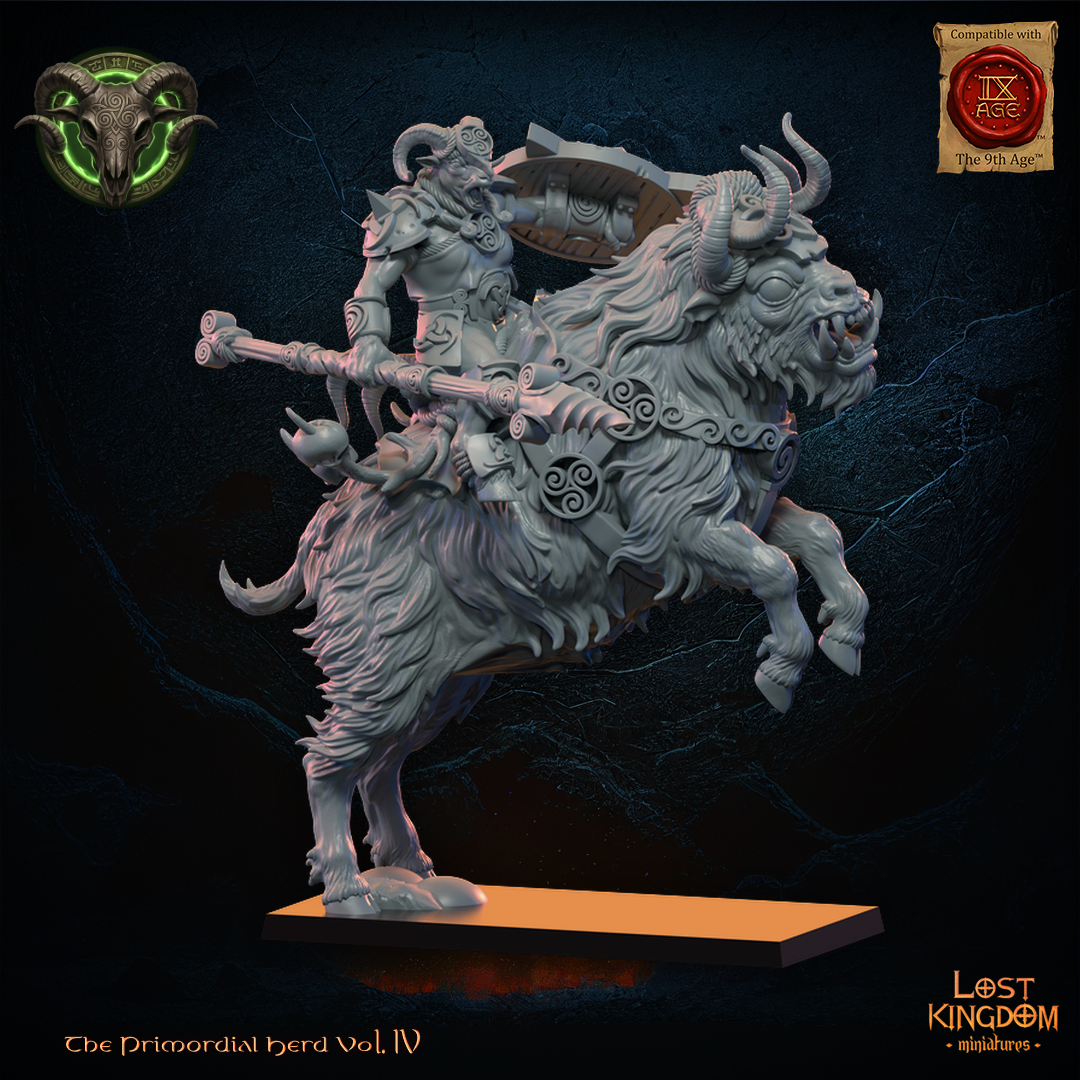 Wildhorn Rider Heroine by Lost Kingdom Miniatures, the horned heroine with spear and round shield riding her rearing shaggy horned mount, right three-quarter view, Lost Kingdom Miniatures designer render