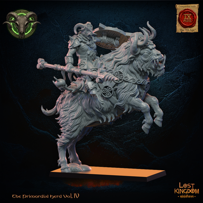 Wildhorn Rider Heroine by Lost Kingdom Miniatures, the horned heroine with spear and round shield riding her rearing shaggy horned mount, right three-quarter view, Lost Kingdom Miniatures designer render