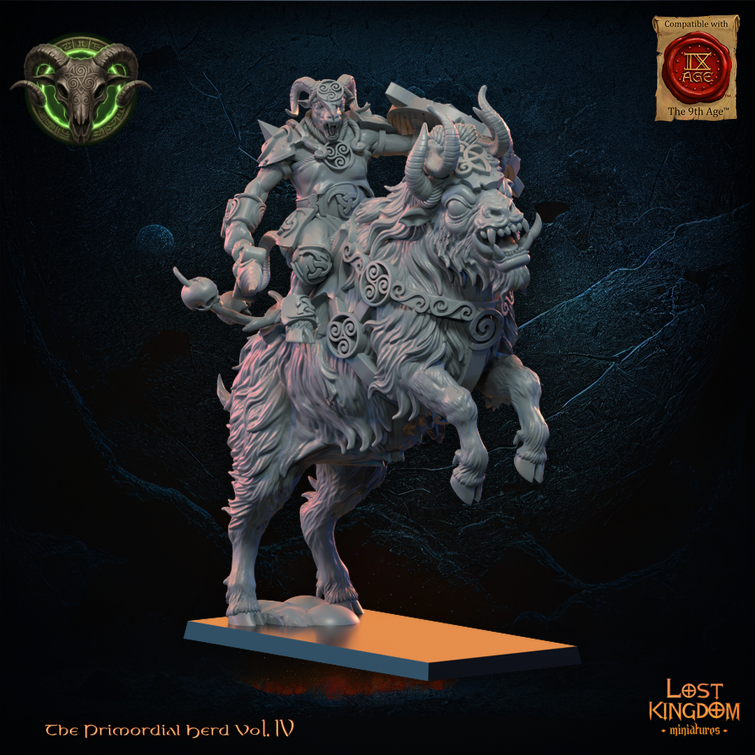 Wildhorn Rider Heroine by Lost Kingdom Miniatures, the horned heroine with spear and round shield riding her rearing shaggy horned mount, front view, Lost Kingdom Miniatures designer render