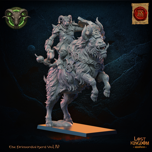Wildhorn Rider Heroine by Lost Kingdom Miniatures, the horned heroine with spear and round shield riding her rearing shaggy horned mount, front view, Lost Kingdom Miniatures designer render