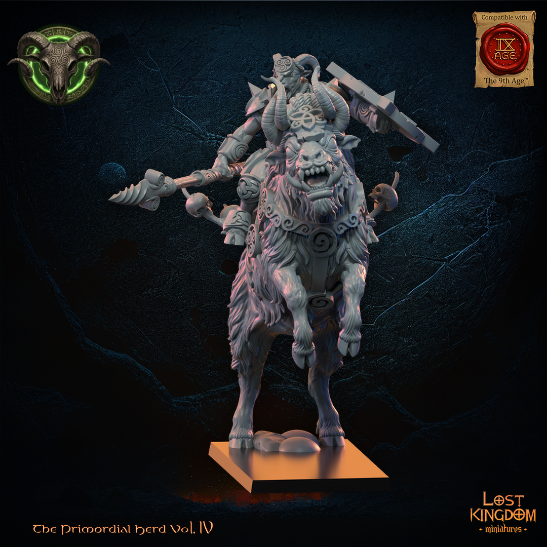 Wildhorn Rider Heroine by Lost Kingdom Miniatures, the horned heroine with spear and round shield riding her rearing shaggy horned mount, left three-quarter view, Lost Kingdom Miniatures designer render