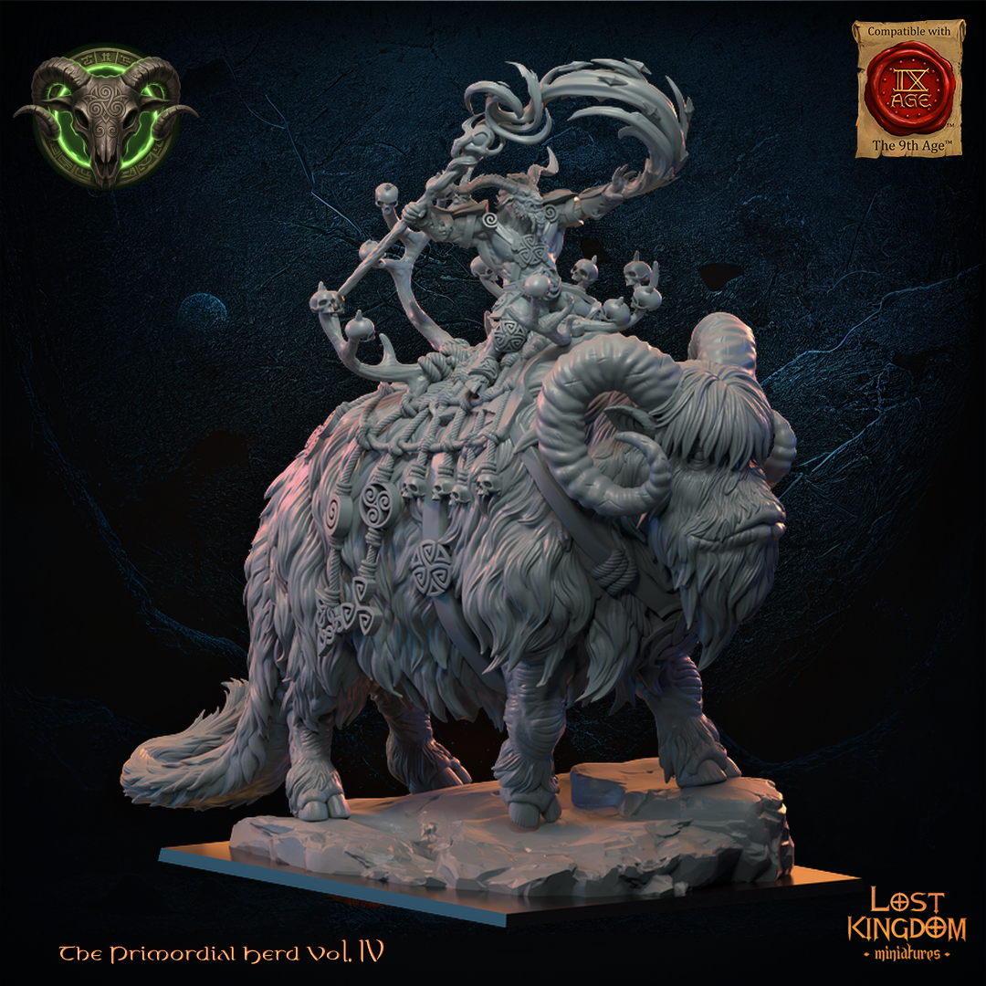 Shaman Herd on Bantho by Lost Kingdom Miniatures, the horned shaman with skull-hung totem staff riding the shaggy ram-horned Bantho on a rocky base, right three-quarter view, Lost Kingdom Miniatures designer render
