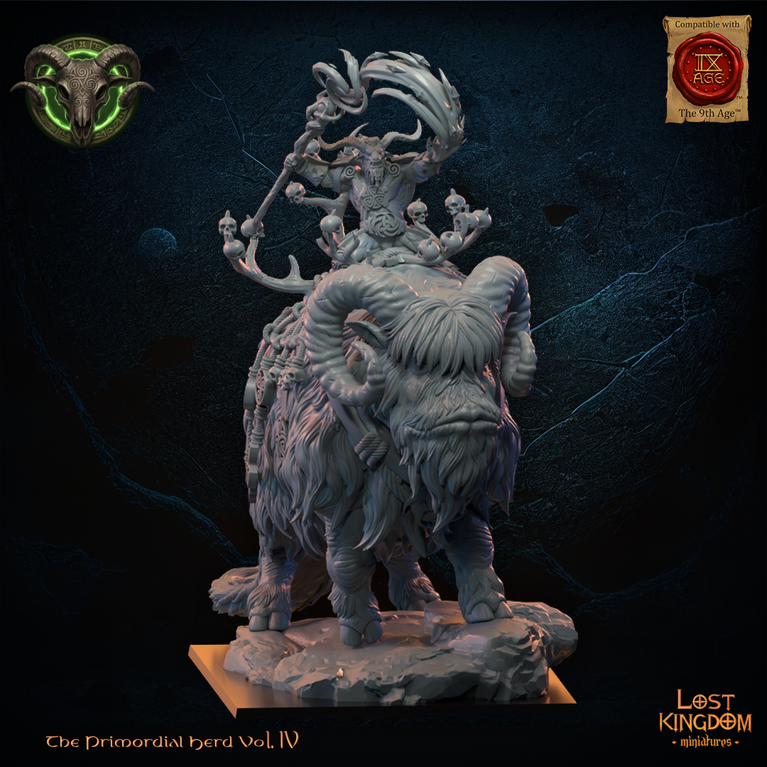 Shaman Herd on Bantho by Lost Kingdom Miniatures, the horned shaman with skull-hung totem staff riding the shaggy ram-horned Bantho on a rocky base, front view, Lost Kingdom Miniatures designer render